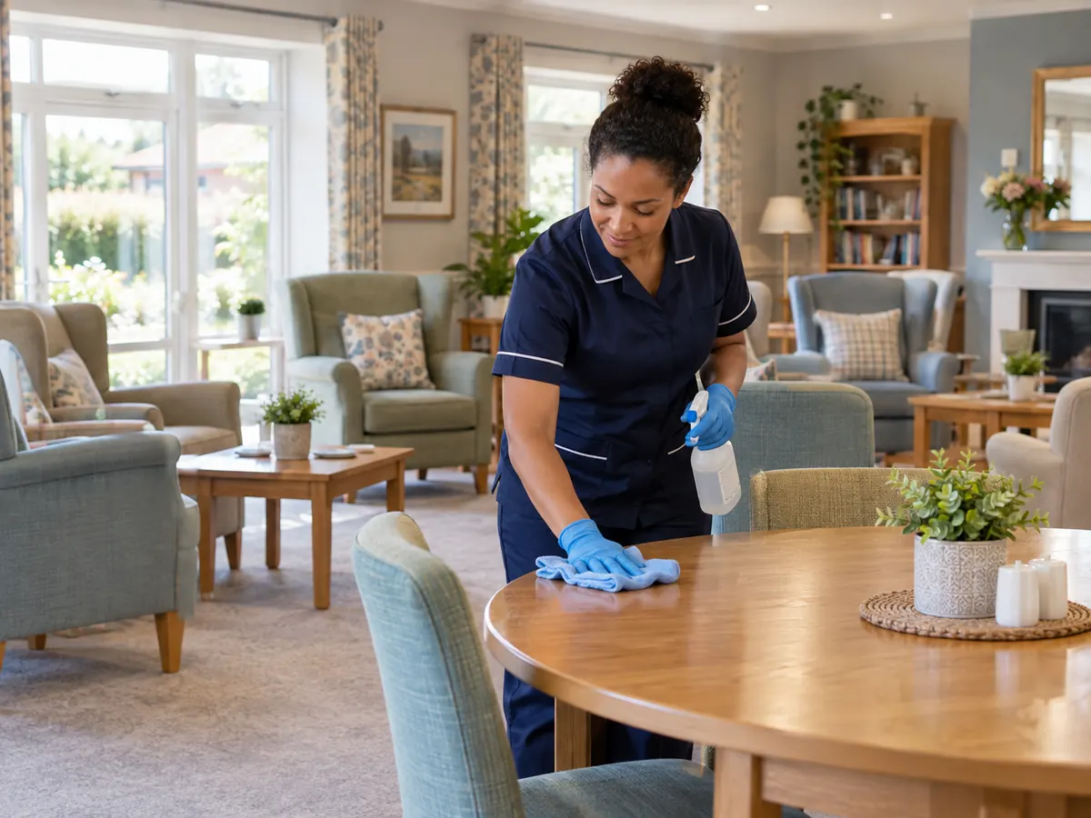 Illustrative cleaner in a care home communal room