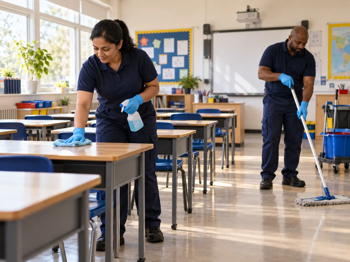 Illustrative cleaners working in a classroom