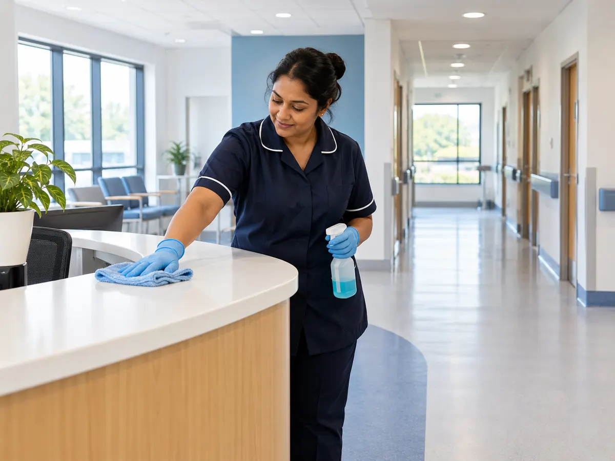 Illustrative cleaner in a healthcare reception area