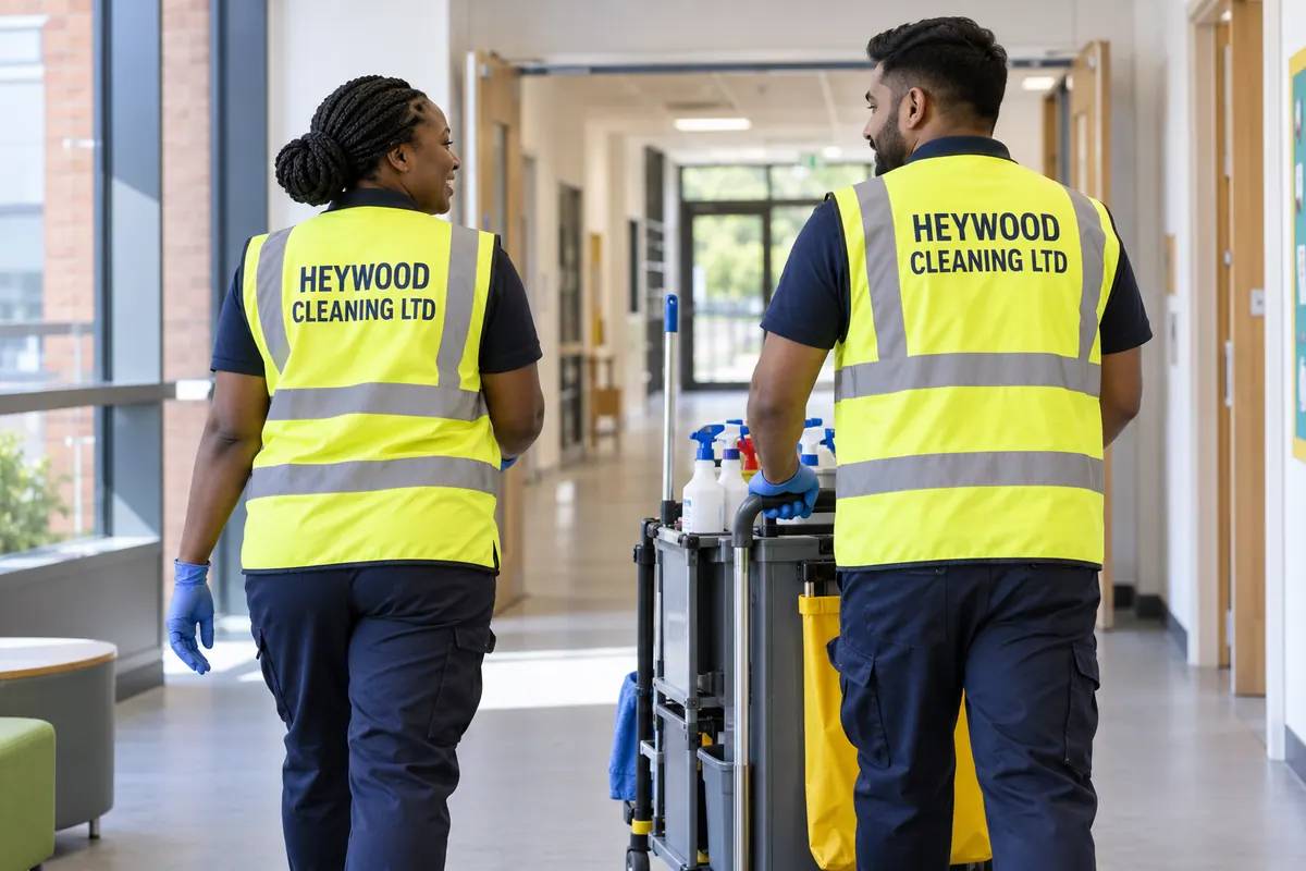 Illustrative cleaning staff in Heywood Cleaning Ltd high visibility clothing