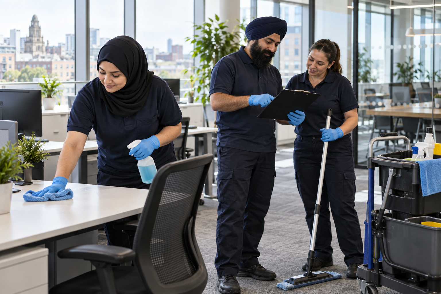 Illustrative office cleaning team with colleagues wearing a hijab and a turban