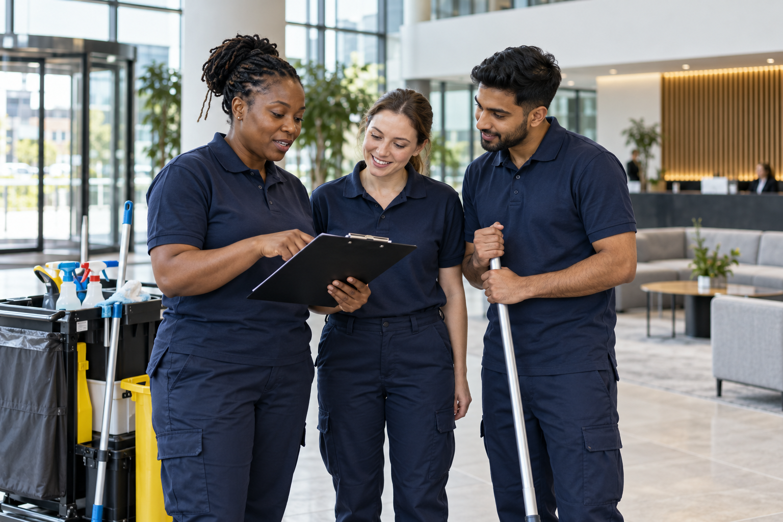 Illustrative diverse cleaning team reviewing a checklist in an office lobby