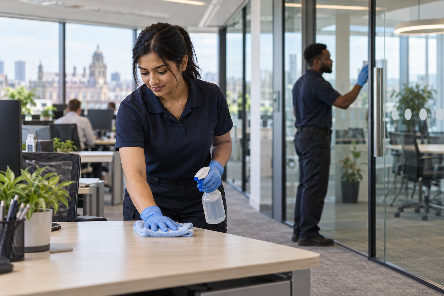 Illustrative commercial cleaners wiping an office desk and glass meeting room