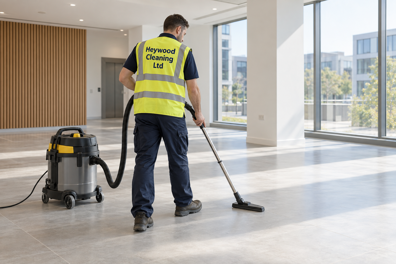 Illustrative Heywood Cleaning Ltd cleaner in a completed new-build interior