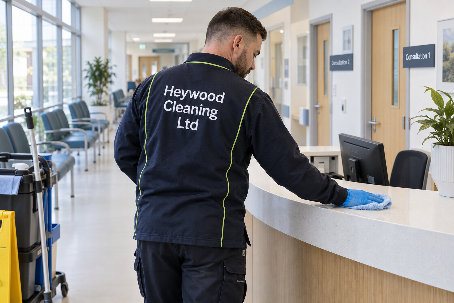 Illustrative Heywood Cleaning Ltd cleaner in a clinical reception area