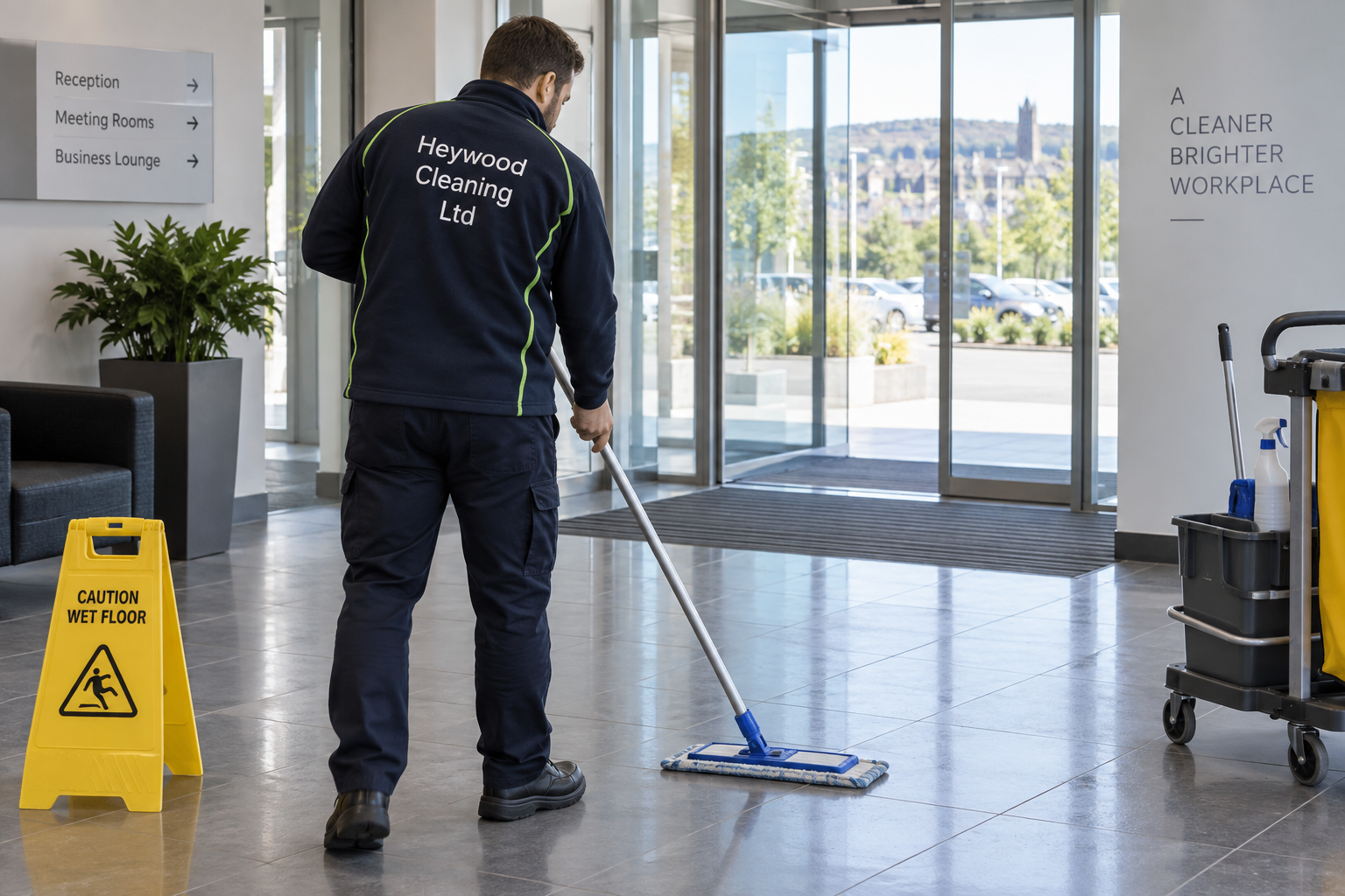 Illustrative commercial cleaning scene for our Huddersfield service guide