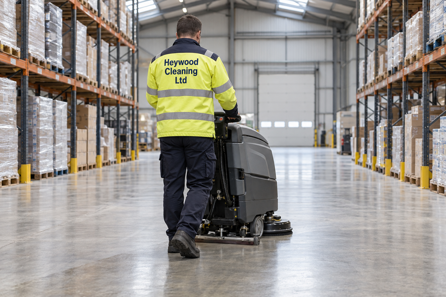 Illustrative Heywood Cleaning Ltd cleaner in a warehouse aisle