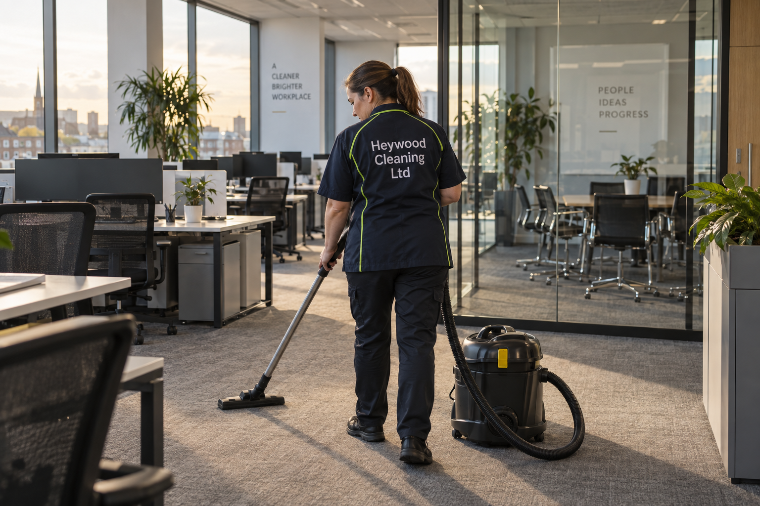 Illustrative Heywood Cleaning Ltd cleaner in a modern office