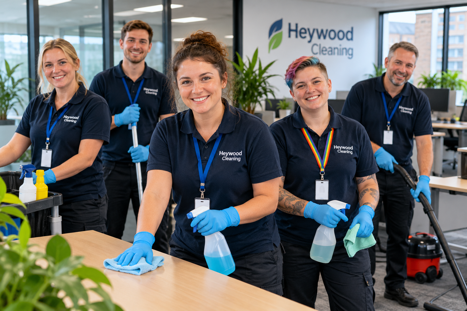 Illustrative office cleaning team in a modern workplace, including a rainbow lanyard